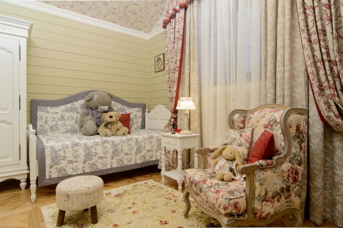 perabot di bahagian dalam bilik tidur kanak-kanak dengan gaya Provence