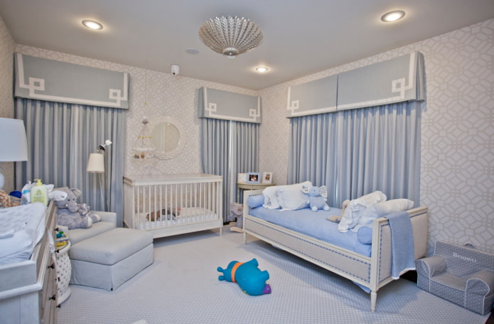 mavi-gri bir çocuk odasının içi