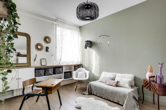 gri bir çocuk odasının iç kısmında mobilya ve dekor
