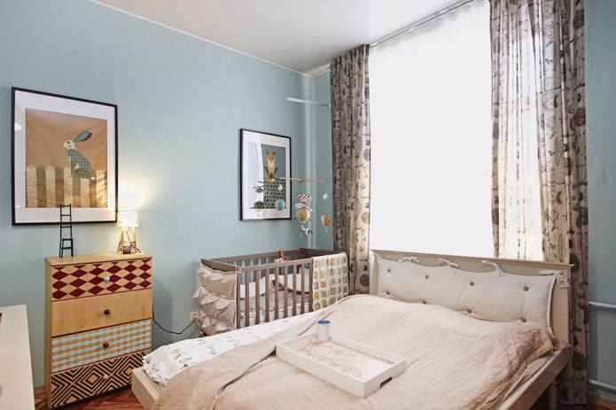 design af et lille soveværelse kombineret med en børnehave