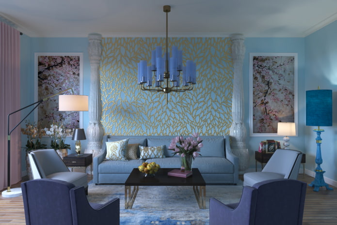 decor en textiel in het interieur van de blauwe woonkamer