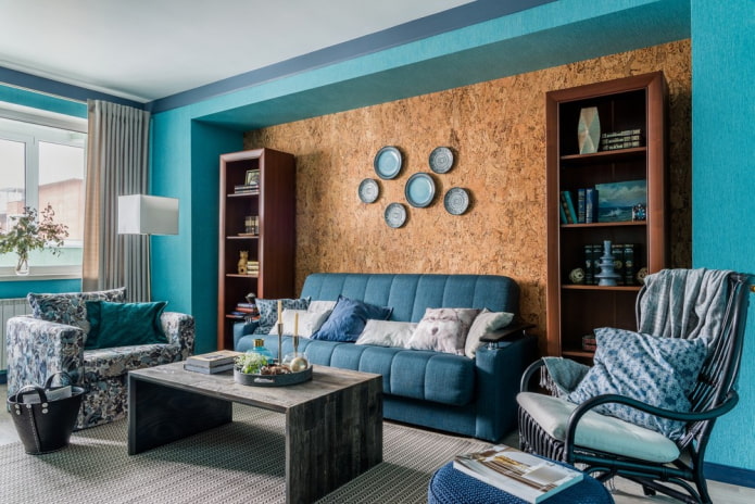 interiér modro-hnedej obývacej izby