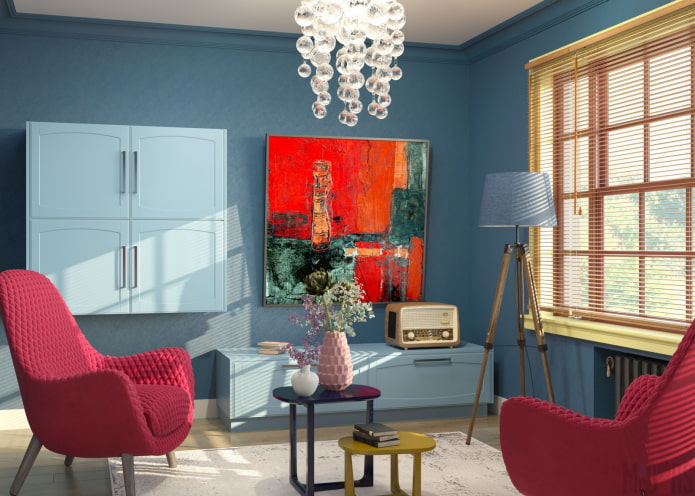 modrý obývací pokoj s jasnými akcenty