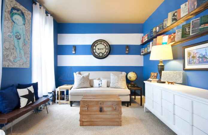 phòng khách màu xanh theo phong cách hải lý