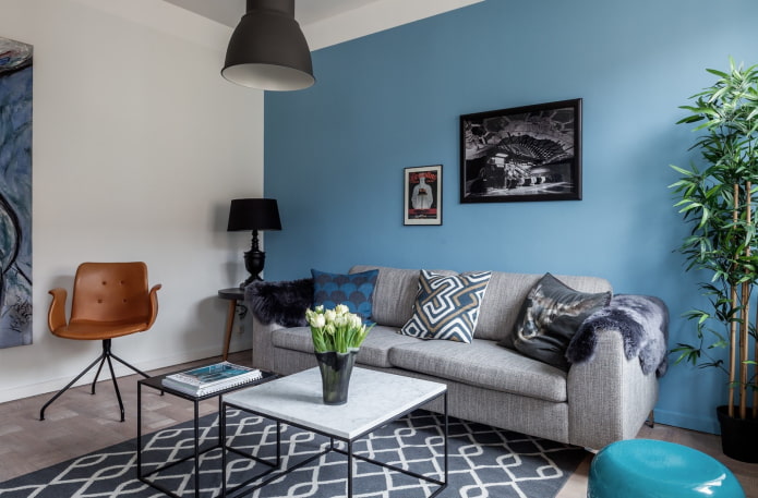 sininen olohuone skandinaaviseen tyyliin