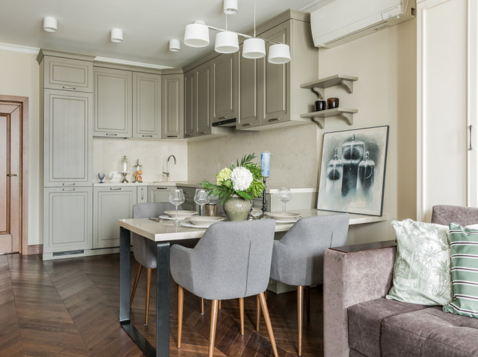 Bucătărie-living elegantă, cu mobilier tapițat