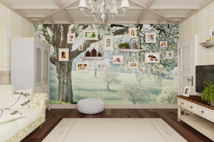 Kertas dinding foto di ruang tamu dengan gaya Provence