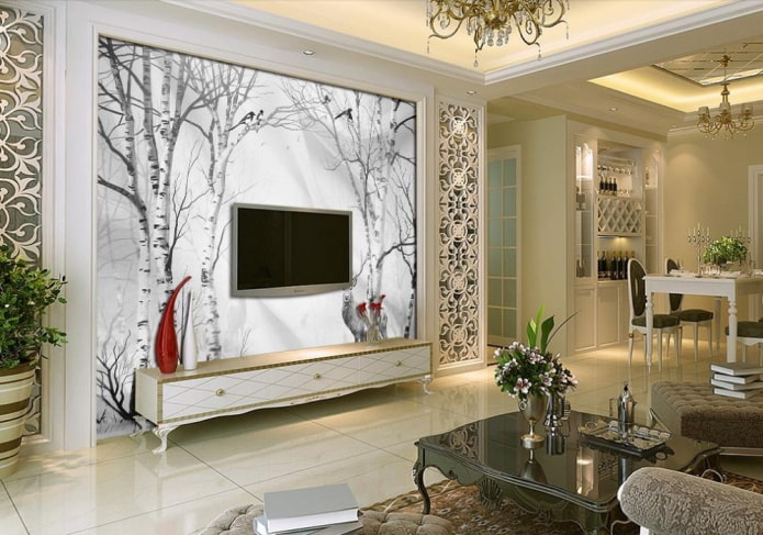 TV: n takana oleva seinä on koristeltu valokuvatapetilla