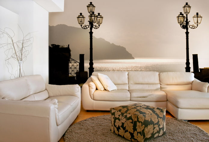fotobehang in een beige woonkamer