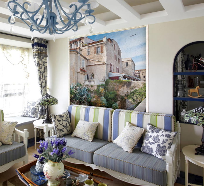 Kertas dinding foto di ruang tamu dengan gaya Provence