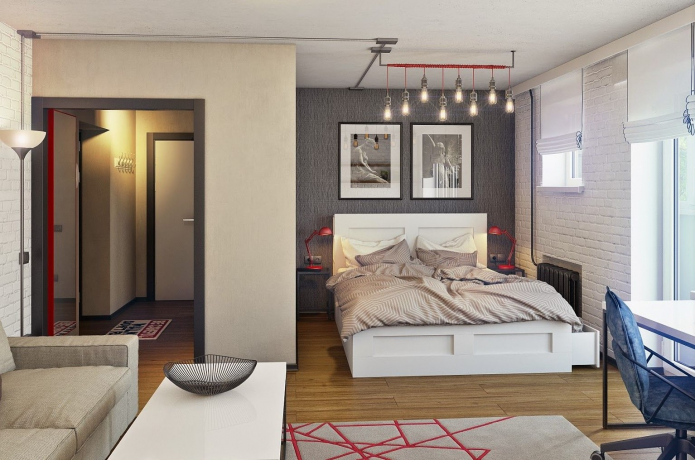 barevné zónování v interiéru ložnice-obývací pokoj