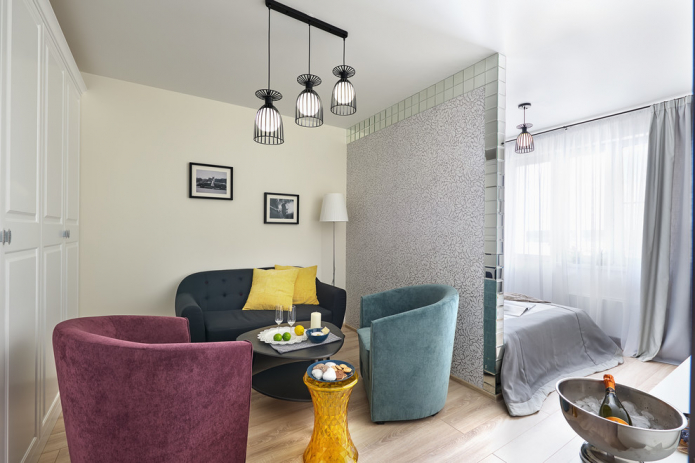 design kombinované ložnice s obývacím pokojem