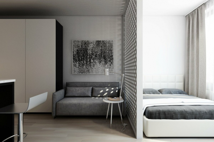 indvendigt i soveværelset-stuen i stil med minimalisme