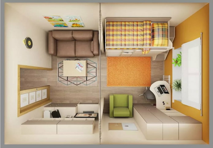 Kinderkamer en woonkamer in een eenpersoonskamer