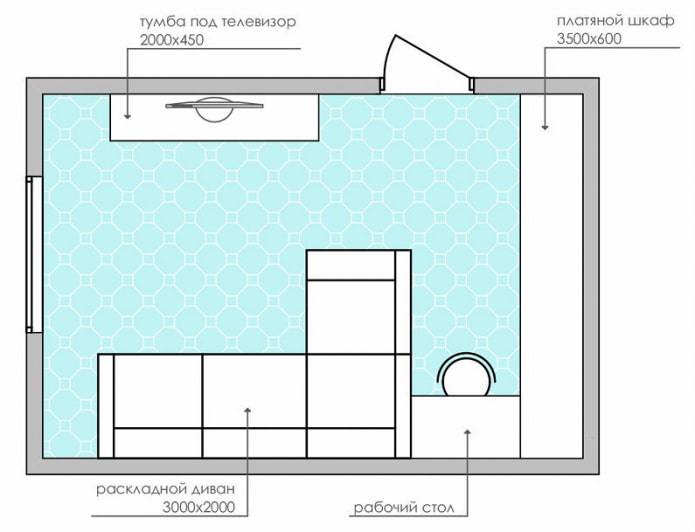 رسم تخطيطي لغرفة المعيشة المستطيلة