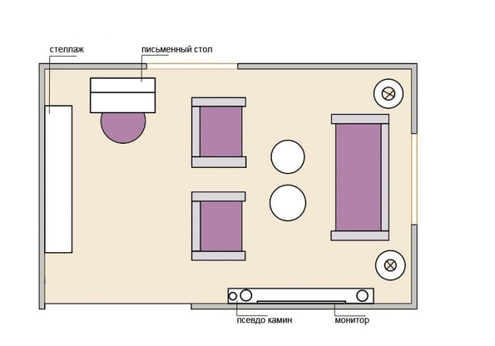 Dispozičné riešenie obývacej izby 15 metrov štvorcových s pracoviskom