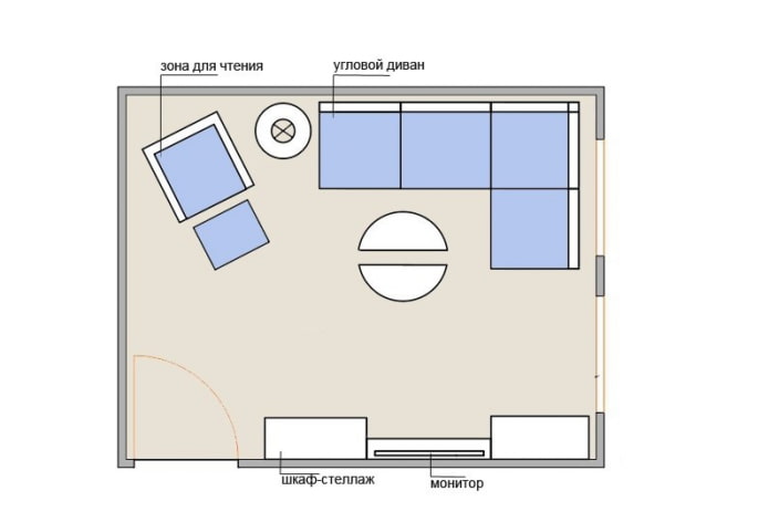 Schéma obývacího pokoje 15 čtverečních S rohovou pohovkou