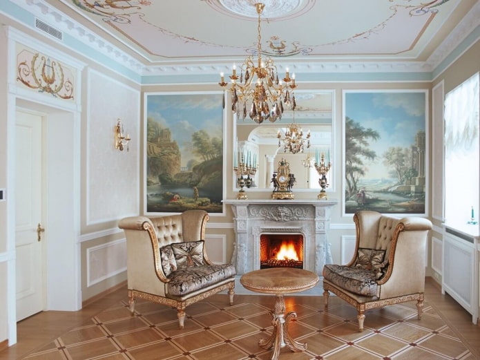 kamīns dzīvojamās istabas interjerā klasiskā stilā