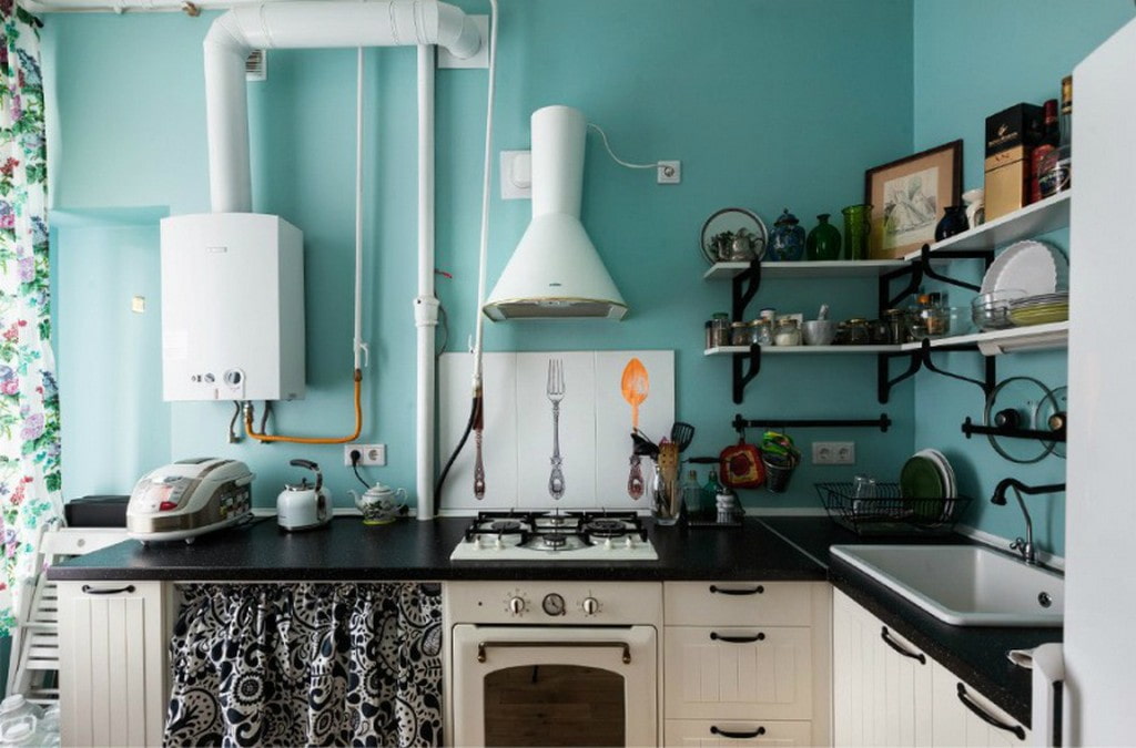 Kuchyňa v Chruščov s plynovým ohrievačom vody: možnosti ubytovania, 37 fotografií