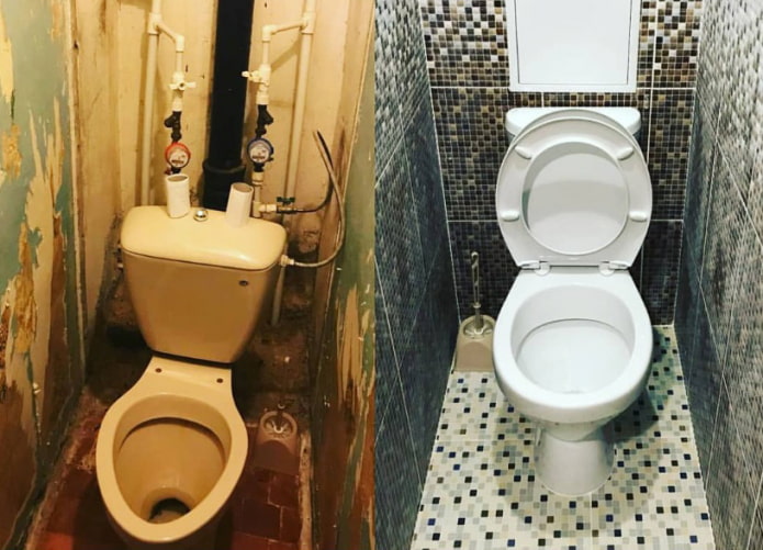 Foto's voor en na de reparatie van het toilet
