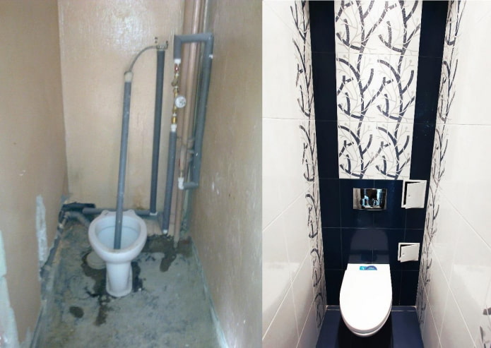 Foto's voor en na de reparatie van het toilet