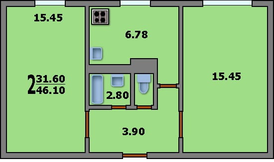 layout af en 2-værelses Khrushchev, K-7-serien