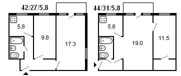 layout af en 2-værelses Khrushchev-bygning, serie 464