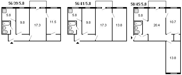 3 odalı Kruşçev binasının düzeni, 464 serisi