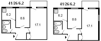 layout af en 2-værelses Khrushchev, serie 1-335