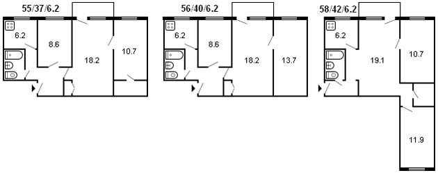 layout di un Krusciov di 3 stanze, serie 1-335