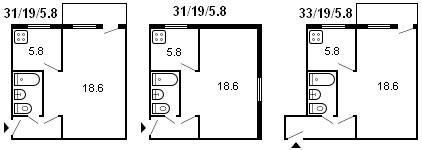 layout af 1-værelse Khrushchev, serie 434, 1958