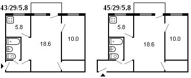 indeling van een 2-kamer Chroesjtsjov, serie 434, 1958
