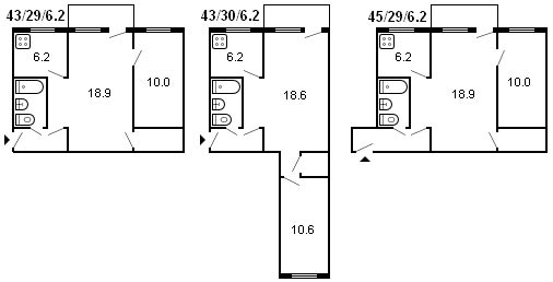 2 kambarių Chruščiovo pastato išplanavimas, 1960 m. 434 serija