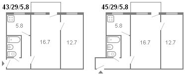 indeling van een 2-kamer Chroesjtsjov, serie 434, 1961