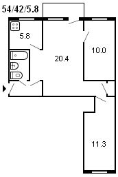 indeling van een 3-kamer Chroesjtsjov, serie 434, 1959