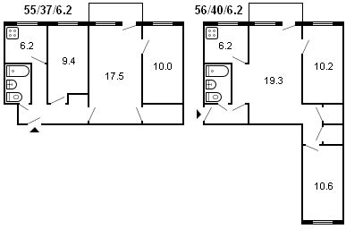 indeling van een Chroesjtsjov-gebouw met 3 kamers, serie 434, 1960