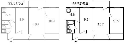 indeling van een 3-kamer Chroesjtsjov, serie 434, 1964