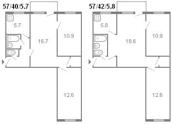layout af en 3-værelses Khrushchev, serie 434, 1964