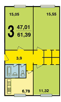 layout di un Krusciov a 3 stanze, serie K-7