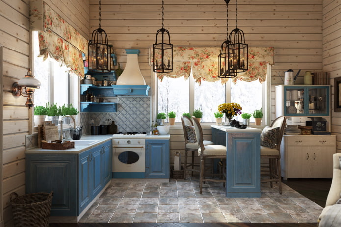 lustr v interiéru kuchyně ve stylu Provence