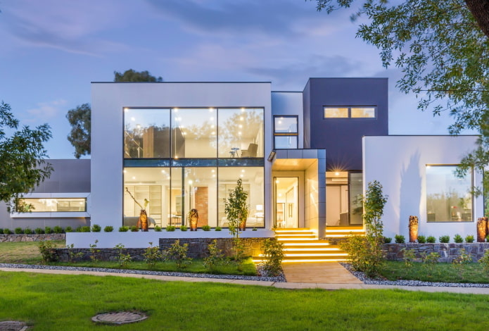 rumah dengan tingkap panorama dalam gaya berteknologi tinggi