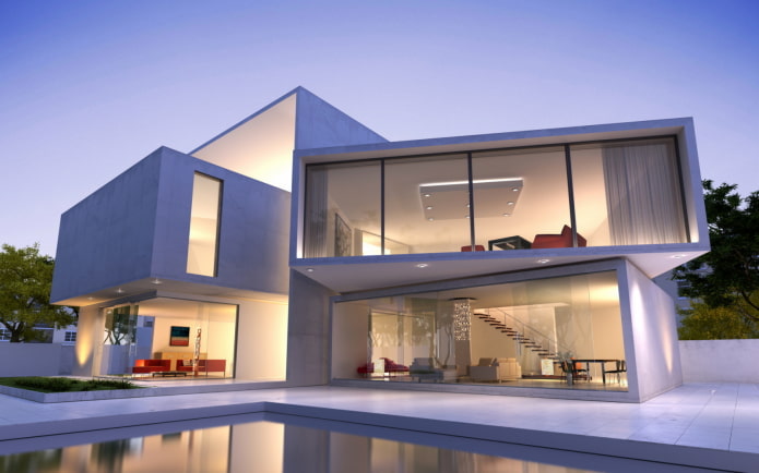 rumah dengan tingkap panorama dalam gaya berteknologi tinggi