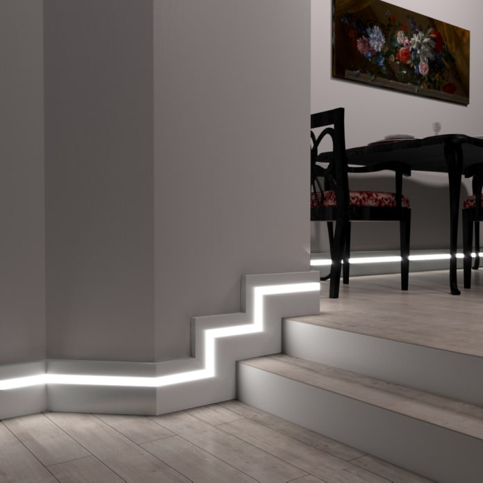 grindų apšvietimas su LED juostele interjere