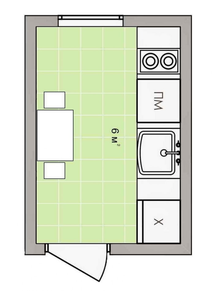 virtuves izkārtojums ar 6 kvadrātu platību