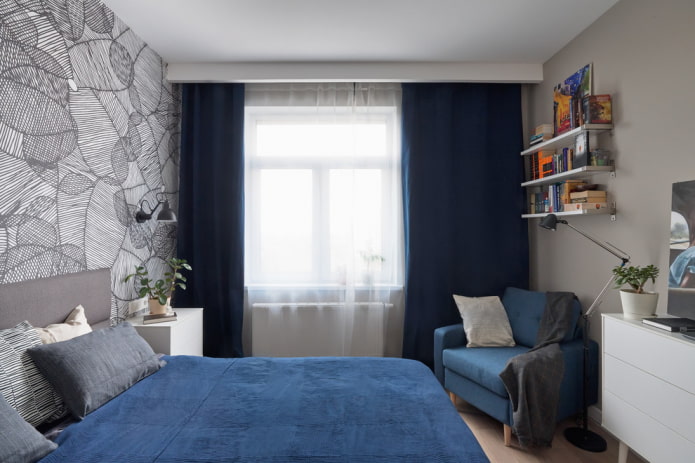 mėlynai pilkos spalvos miegamojo dizainas