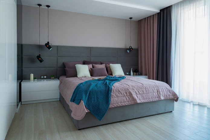сиво-розов интериор на спалнята