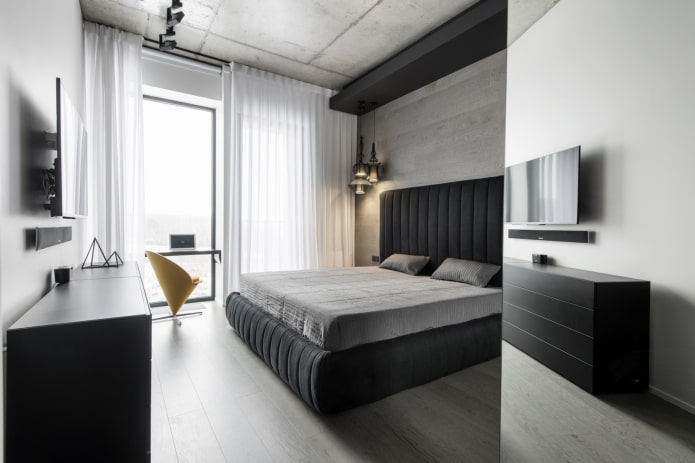 design della camera da letto grigio e nero