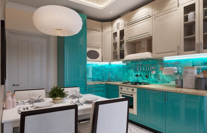 thiết kế nhà bếp với màu be và xanh ngọc