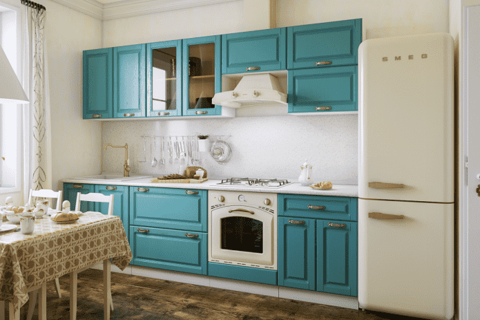 meubels en huishoudelijke apparaten in de turquoise keuken