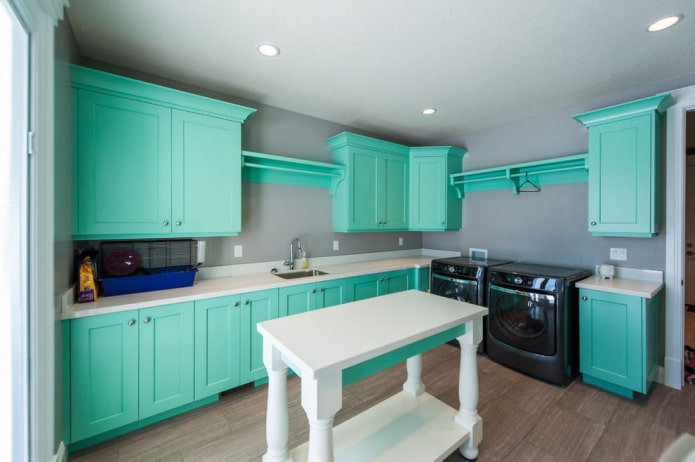 gri-turkuaz renklerde mutfak tasarımı
